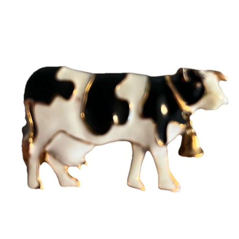 Vintage Cow With Cowbell Black White & Gold Enamel Brooch Pin Women’s Whimsical